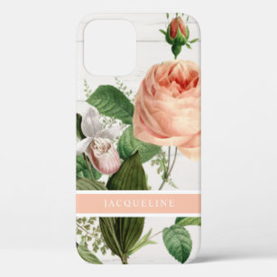 Elegant Floral Rose Pink Coral Greenery n Wood iPhone 12 Case