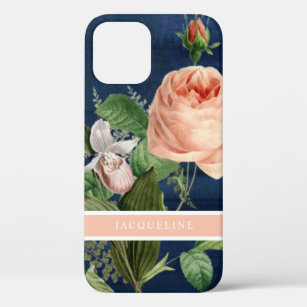 Elegant Floral Rose Pink Greenery w Navy Wood iPhone 12 Case