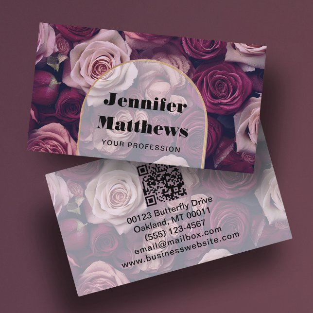 Elegant Floral Rose QR Code  Business Card (Creator Uploaded)