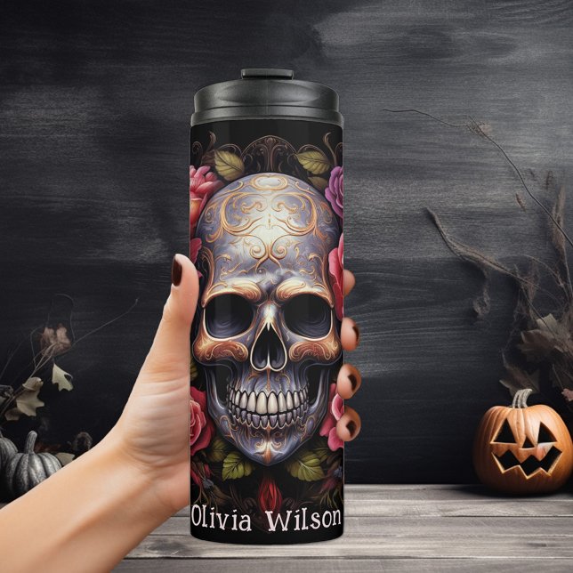 Elegant Floral Rose Skull Personalized Thermal Tumbler (Creator Uploaded)