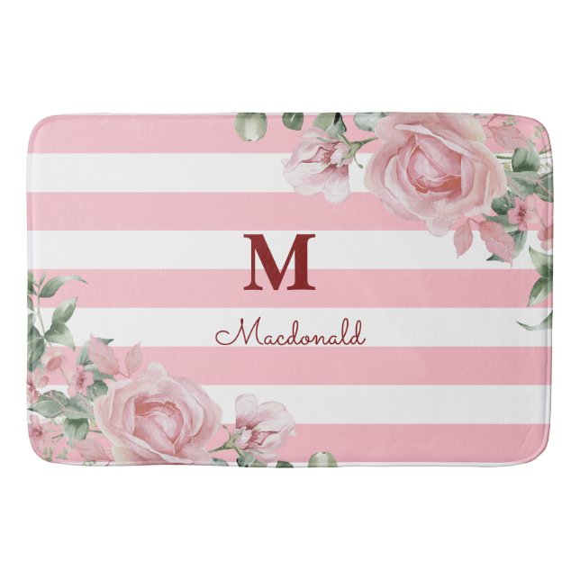 Elegant Floral Rose Striped Monogram Bath Mat (Front)