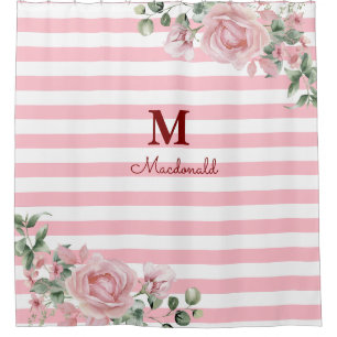 Elegant Floral Rose Striped Monogram Shower Curtain