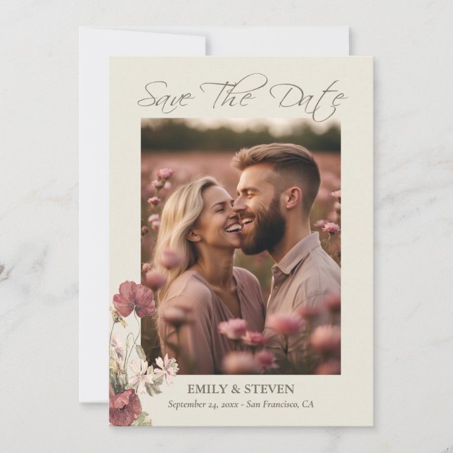 Elegant Floral Rose Taupe Photos Save The Date (Front)