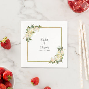 Elegant Floral Rose Watercolor Gold Wedding White Napkin