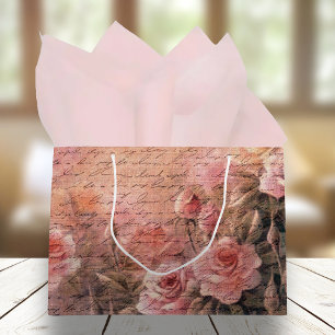 Elegant Floral Roses Antique Handwriting Large Gift Bag