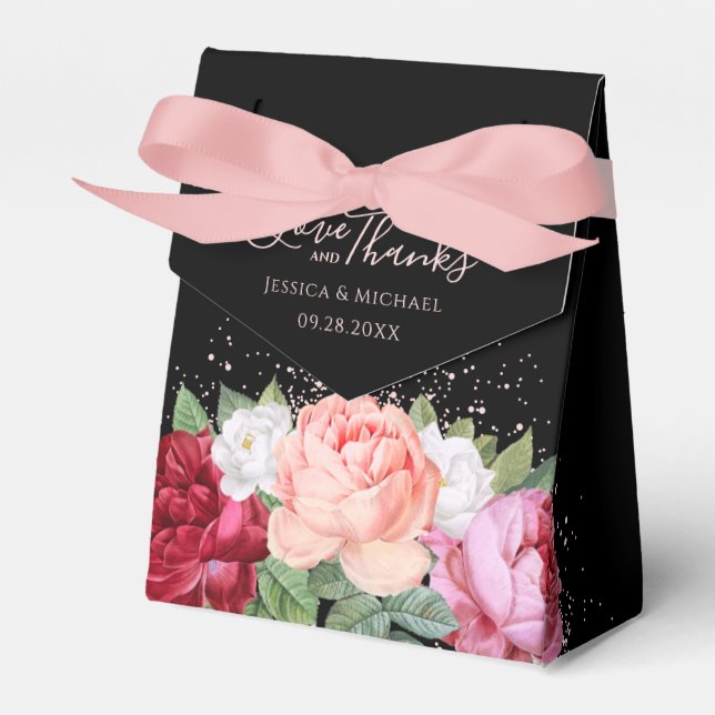 Elegant Floral Roses Black Calligraphy Wedding Favour Box (Front Side)