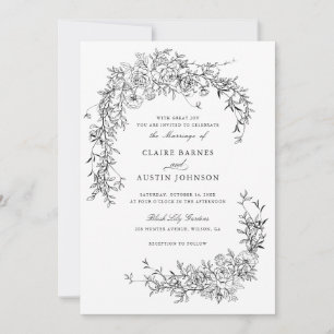 Elegant Floral Roses Black White Wedding Monogram  Invitation