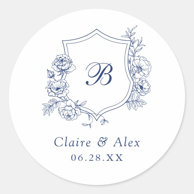 Elegant Floral Roses Crest Wedding Monogram Classic Round Sticker (Front)