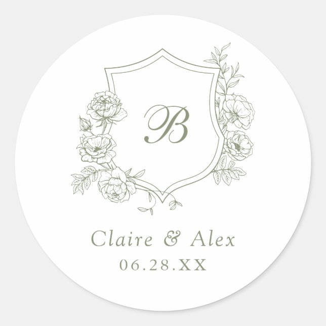 Elegant Floral Roses Crest Wedding Monogram Classic Round Sticker (Front)