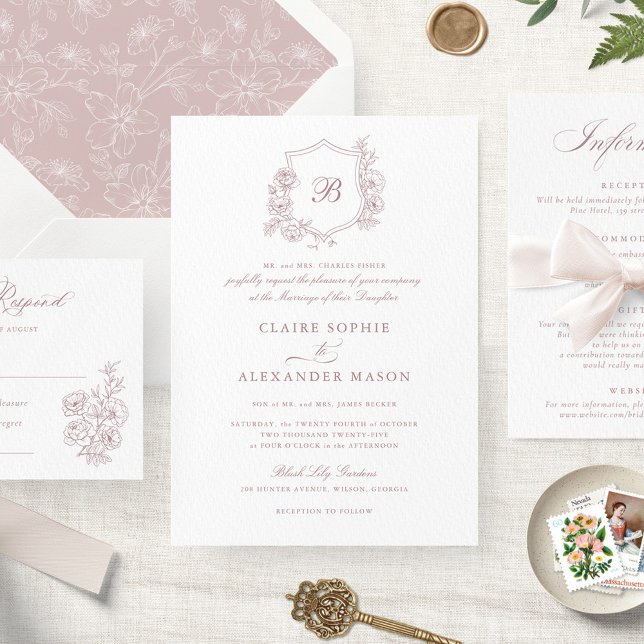 Elegant Floral Roses Crest Wedding Monogram  Invitation (Creator Uploaded)