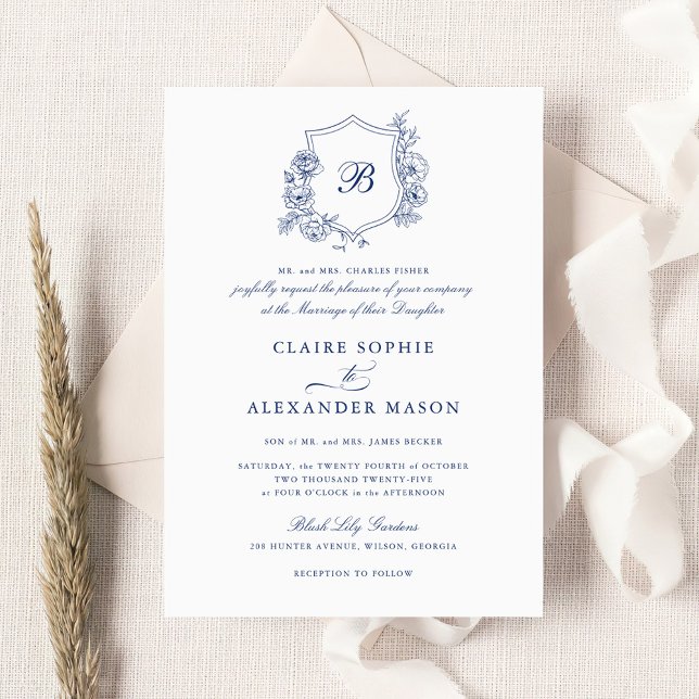 Elegant Floral Roses Crest Wedding Monogram Royal Invitation (Creator Uploaded)