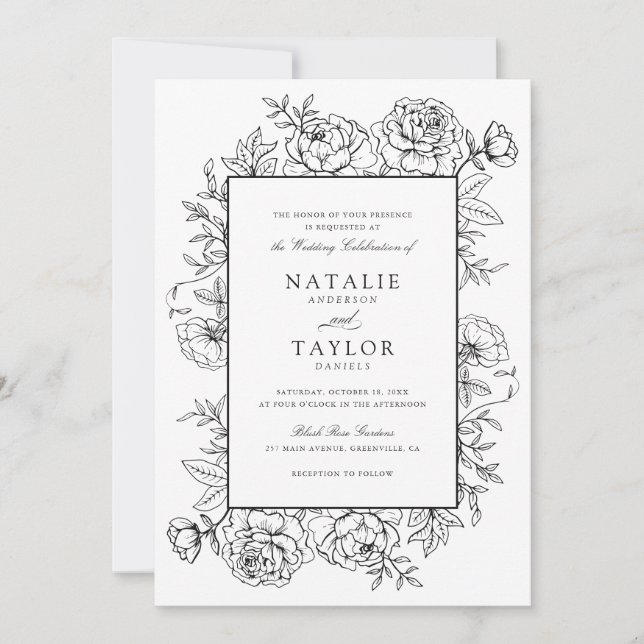 Elegant Floral Roses Frame Black White Wedding Invitation (Front)