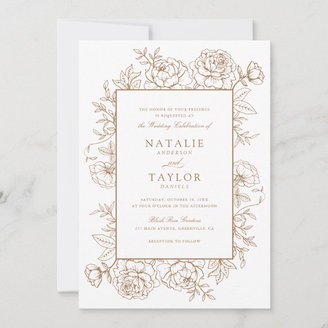 Elegant Floral Roses Frame Gold Wedding Invitation (Front)
