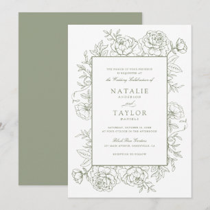 Elegant Floral Roses Frame Sage Green Wedding Invitation