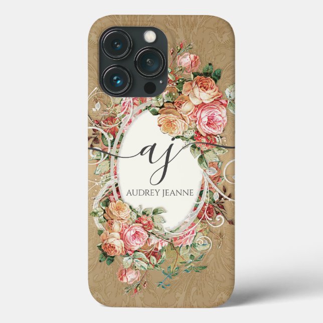 Elegant Floral Roses Gold Damask Monogram Script Case-Mate iPhone Case (Back)