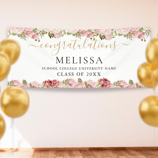Elegant Floral Roses Gold Script Graduation Banner (Creator Uploaded)