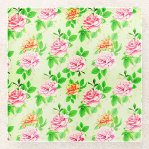 Elegant Floral Roses Green Leaves Pattern-23675 Glass Coaster