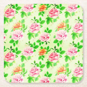 Elegant Floral Roses Green Leaves Pattern-23675 Square Paper Coaster