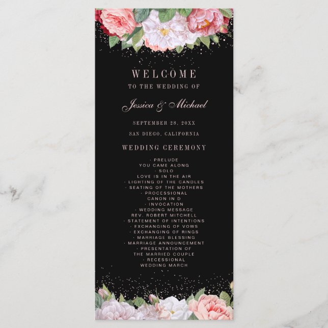 Elegant Floral Roses Pink Black Wedding Program (Front)