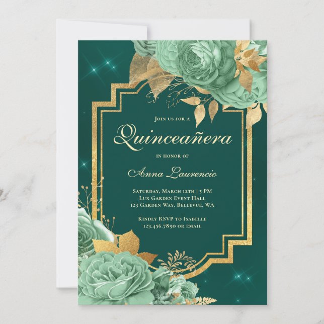 Elegant Floral Roses Sage Green Gold Quinceanera Invitation (Front)