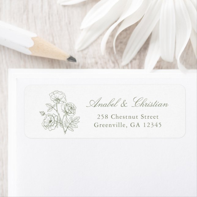 Elegant Floral Roses Sage Wedding Return Address Label (Insitu)