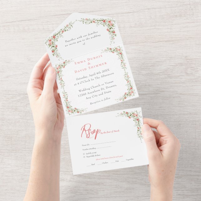 Elegant Floral Roses simple Script Wedding All In One Invitation (Tearaway)