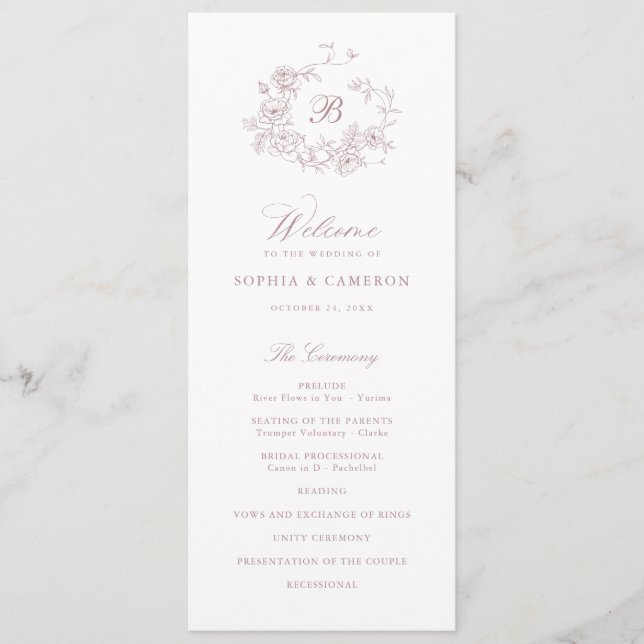 Elegant Floral Roses Wreath Monogram Wedding Program (Front)