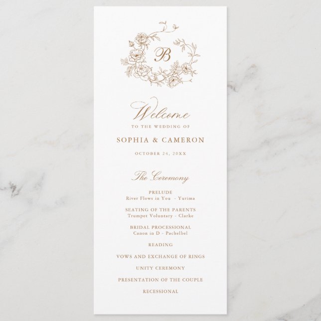 Elegant Floral Roses Wreath Monogram Wedding Program (Front)