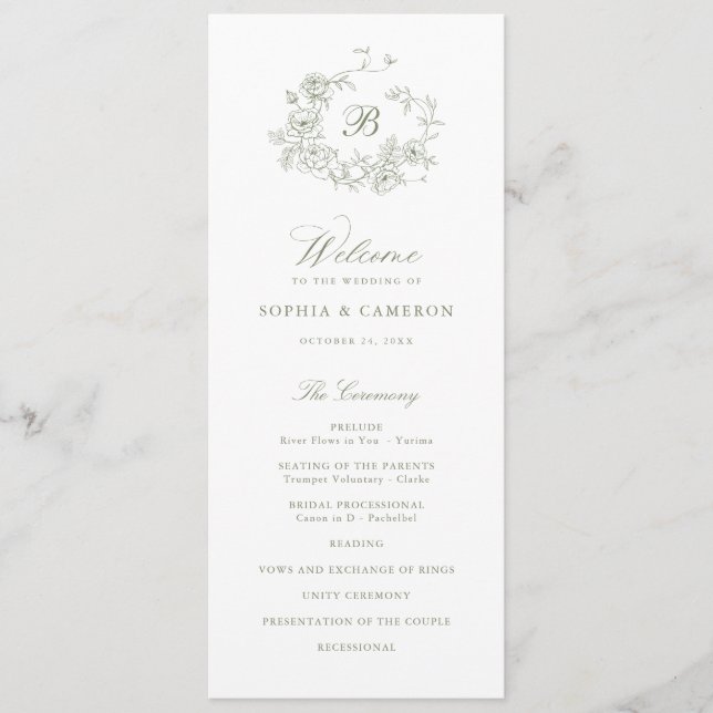 Elegant Floral Roses Wreath Sage Monogram Wedding Program (Front)