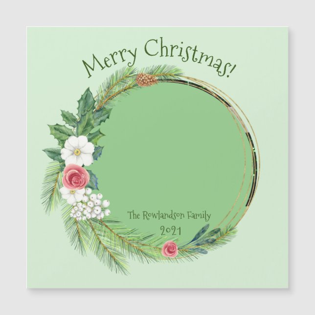Elegant Floral Round Photo Christmas Magnetic Card (Front)