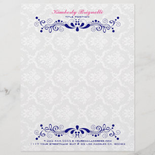 Elegant Floral Royal-Blue Lace White Damasks Letterhead Template