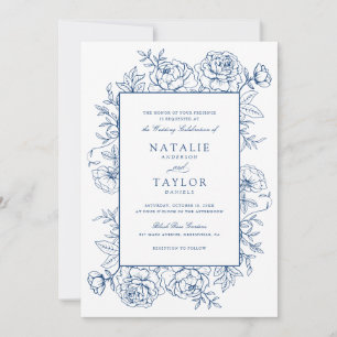 Elegant Floral Royal Blue Roses Frame Wedding Invitation