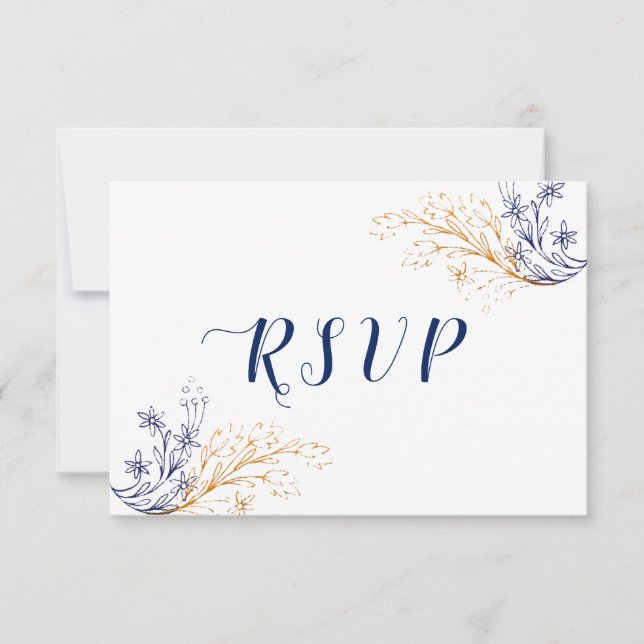 Elegant Floral Royal Blue Roses & Gold Flowers RSVP Card (Front)