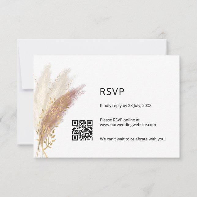 Elegant Floral RSVP with QR Code Dusty Pink Pampas Card (Front)