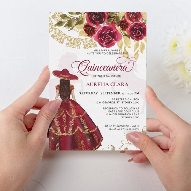 Elegant Floral Ruby Red Horse Quinceañera Invitation (Creator Uploaded)