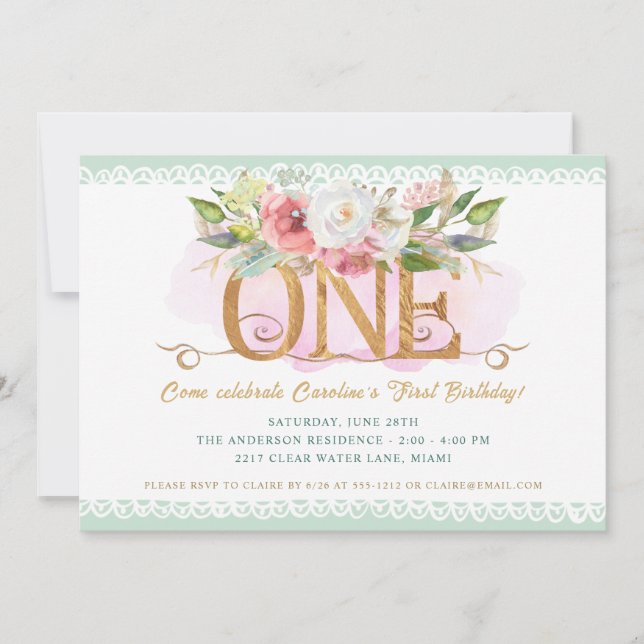 Elegant Floral Sage Green 1st Birthday Party Invitation (Front)