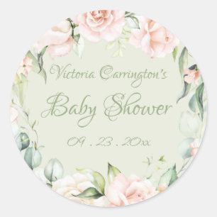 Elegant Floral Sage Green Baby Shower  Classic Round Sticker