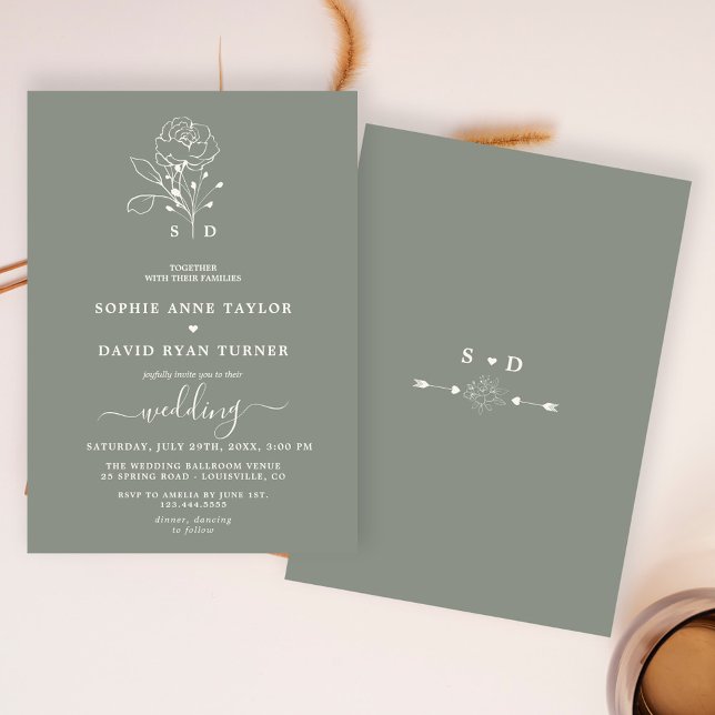 Elegant Floral Sage Green Boho Monogram Wedding Invitation (elegant modern trendy wedding invitation, boho sage green wedding invite, spring summer fall wedding)