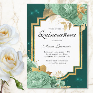 Elegant Floral Sage Green Emerald Quinceanera  Invitation