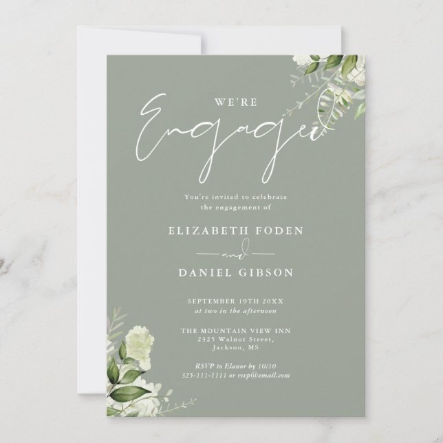 Elegant Floral Sage Green Engagement Party Invitation (Front)