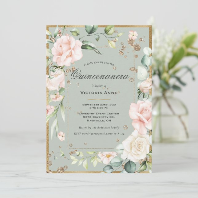 Elegant Floral Sage Green Gold Quinceanera Invitation (Standing Front)