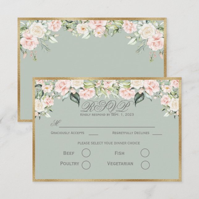 Elegant Floral Sage Green Gold Script Wedding RSVP Card (Front/Back)