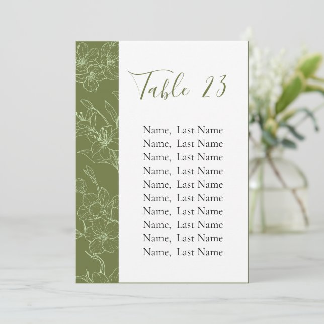 Elegant Floral Sage Green Table Number Cards (Standing Front)