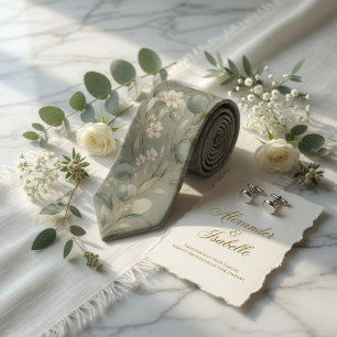 Elegant Floral Sage Green Watercolor Tie