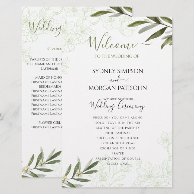 Elegant Floral Sage Green Wedding Ceremony Program (Front/Back)
