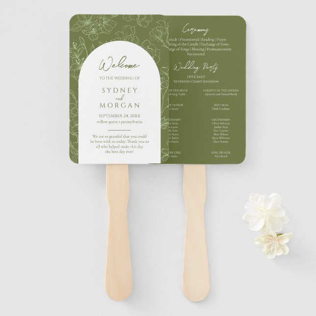 Elegant Floral Sage Green Wedding Program Fan (Front and Back)