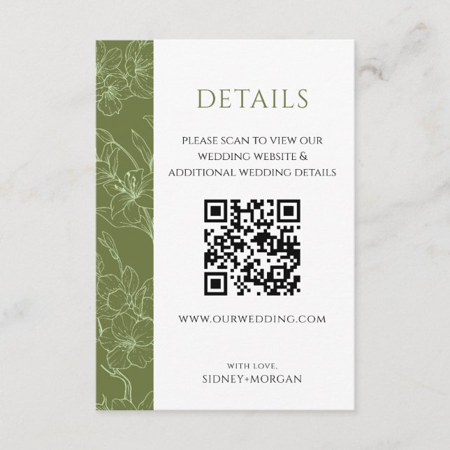 Elegant Floral Sage Green Wedding QR code Details Enclosure Card (Front)