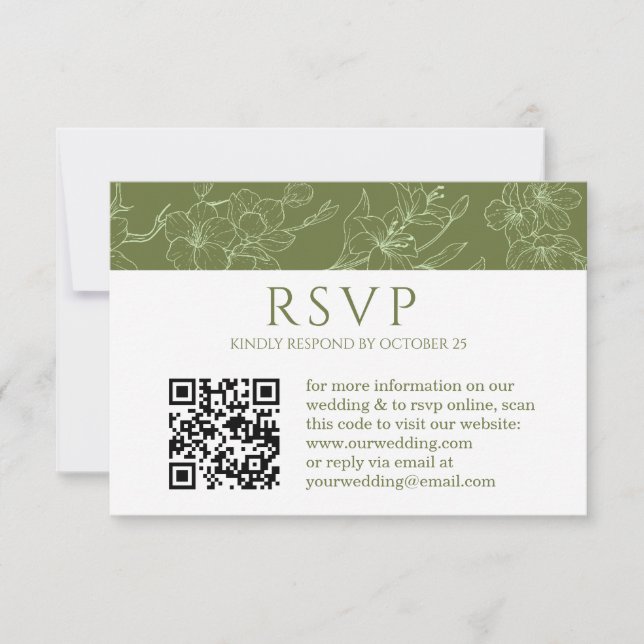 Elegant Floral Sage Green Wedding QR code RSVP Car Card (Front)