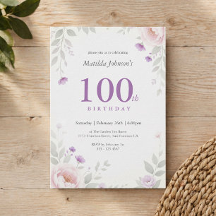 Elegant Floral Sage Purple 100th Birthday Invitation