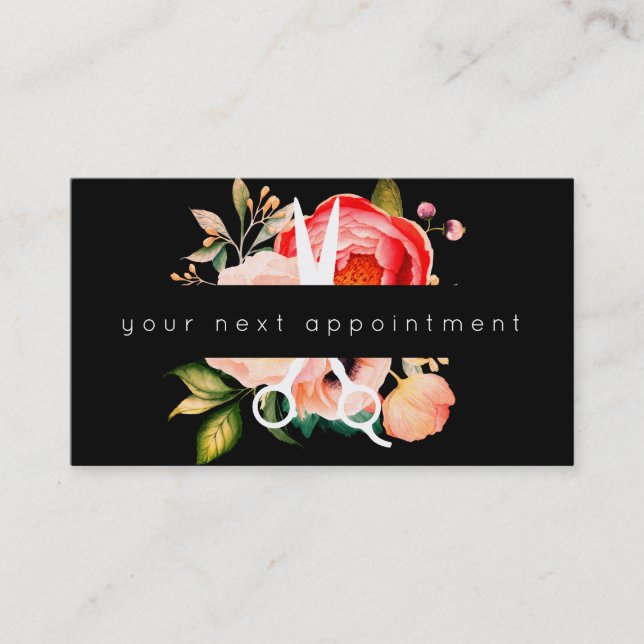 Elegant Floral Salon Scissors Logo Appointment Business Card (Front)